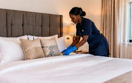 A cleaner making a bed