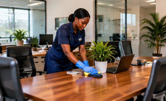 Cleaner wiping an office desk