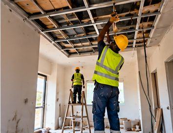A worker fitting a ceiling