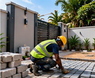 A worker laying paving blocks