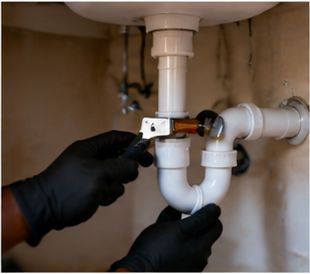 A plumber fixing a pipe under a sink