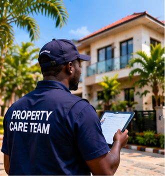 Property care team member inspecting a house