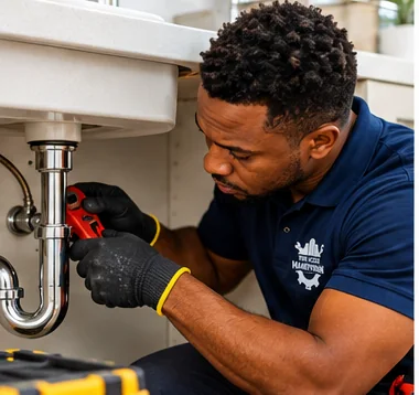 Plumber repairing a sink in Accra